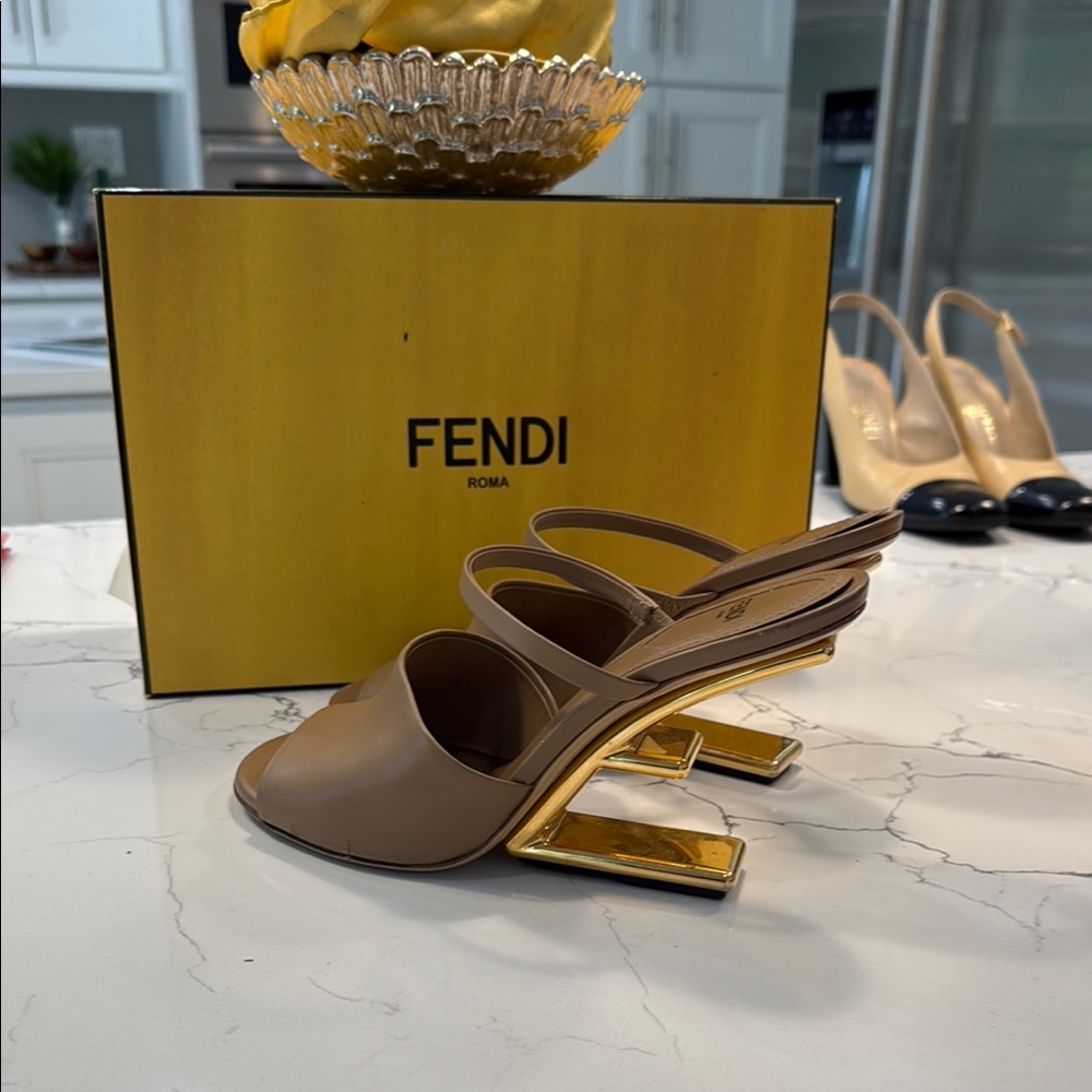 Fendi Women's Tan and Gold Heeled Sandals